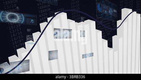 Displaying white 3D bar chart rising in virtual dashboard, with blue line, data panels and code Stock Photo