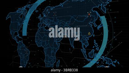 Displaying digital world map interface at control screen, with neon-blue outlines and data nodes Stock Photo