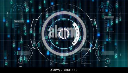 Showing central circular data interface on grid lines with binary streams hex nodes and panels Stock Photo