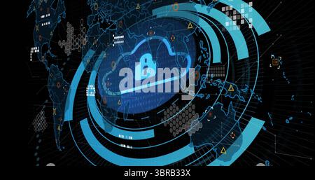 Displaying glowing blue cloud padlock icon protecting data on digital dashboard, with hex grid Stock Photo