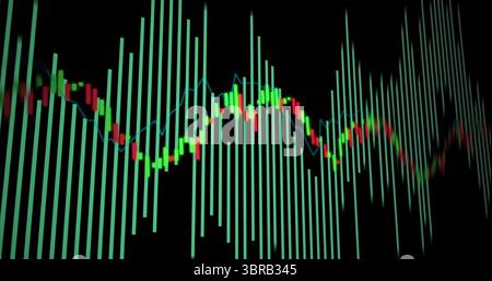 Displaying histogram and candlestick chart on dark monitor, with teal bars and blue line graph Stock Photo