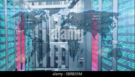 Displaying server racks lighting data center corridor, with world map overlay and code panels Stock Photo