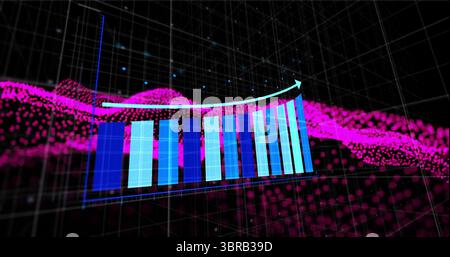 Showing 3D bar chart displaying curved trend arrow on analytics wireframe grid, magenta wave dots Stock Photo
