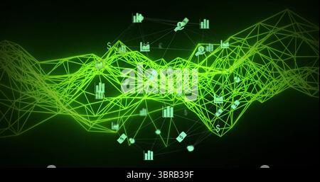 Displaying neon green wireframe mesh undulating in data display, with floating finance icons Stock Photo