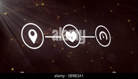 Showing three white icons connected by lines on dark interface motif, with glowing yellow nodes Stock Photo