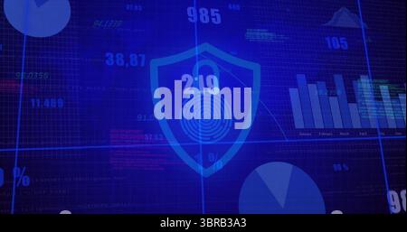 Displaying fingerprint shield icon on cybersecurity screen featuring bar chart and pie charts Stock Photo
