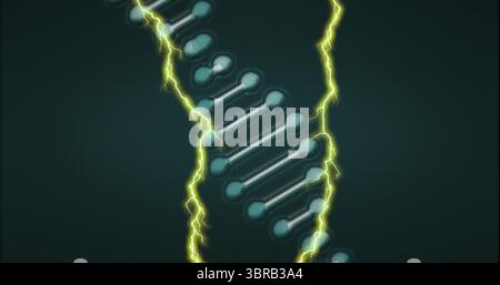 Displaying stylized DNA double helix winding in digital environment, with yellow electric arcs Stock Photo