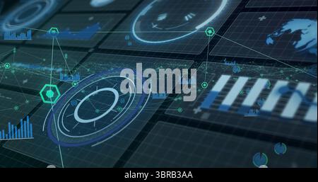 Displaying floating holographic circular radar-like UI component in data dashboard, with bar graphs Stock Photo