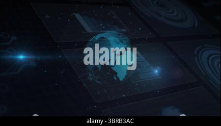 Projecting holographic globe rotating with data points in digital command hub, with radar UI Stock Photo