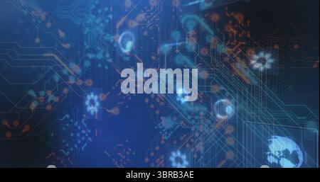 Displaying abstract network pattern in security panel, with circuit traces skull icons Earth map Stock Photo