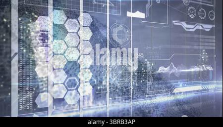 Projecting HUD interface displaying wireframe diagrams in virtual control hub, with hexagonal grid Stock Photo