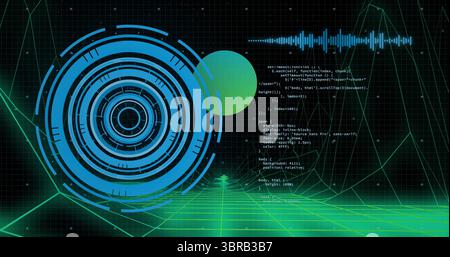Displaying blue circular HUD graphic hovering over neon grid floor, with sphere and audio waveform Stock Photo