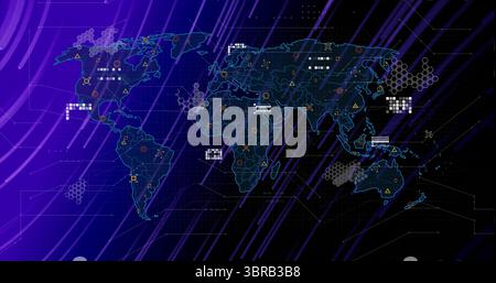 Stylized world map animating data overlays in control room, with hex clusters and circular nodes Stock Photo