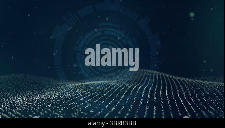 Forming glowing data point waves across digital landscape with circular HUD and light particles Stock Photo