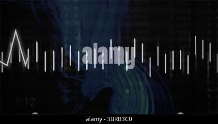 Displaying white vertical bars fluctuating on digital screen, with blue-green glow and code overlay Stock Photo