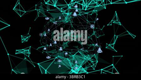 Displaying glowing mesh globe floating in digital void featuring neon nodes with social media icons Stock Photo