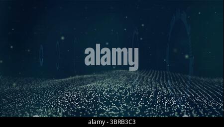 Rippling wave-like field of glowing dots flowing in digital matrix, with faint rings Stock Photo
