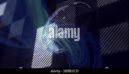 Floating globe showing neon lines on holographic display, with grid panels and diagonal stripes Stock Photo