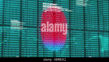 Displaying fingerprint graphic on security interface, with scrolling numeric code and glitch lines Stock Photo