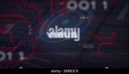 Displaying central VIRUS text pulsing in dark UI with circular HUD, red circuits and binary digits Stock Photo