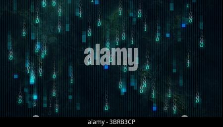 Streaming binary digits cascading through digital space, with glowing squares and vertical grid Stock Photo