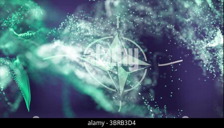Floating translucent compass rose emblem in digital scene, with swirling greenish-white particles Stock Photo