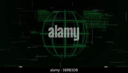 Glowing green wireframe globe rotating in virtual space, with binary digits and code fragments Stock Photo