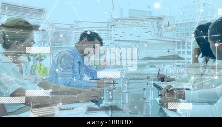 Collaborating five professionals around glass table in city boardroom, using notebooks and pens Stock Photo