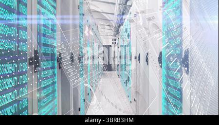Displaying central server racks projecting holographic data overlays in data center corridor Stock Photo