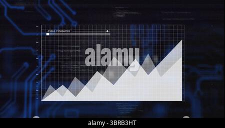 Displaying translucent white polygonal chart rising over grid display, with highlighted data label Stock Photo