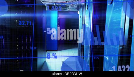 Displaying server rack cabinets glowing with blue LEDs in data center room, with digital bar charts Stock Photo