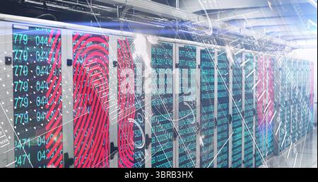 Displaying server cabinets lining data center aisle, with LED lights and fingerprint code overlays Stock Photo