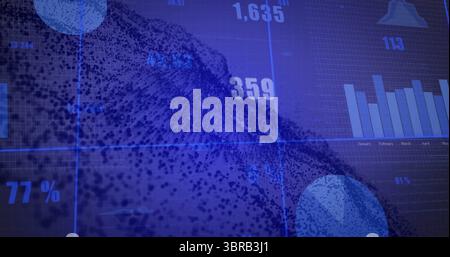 Displaying 3D particle wave flowing across blue grid dashboard with bar chart and bell icon Stock Photo