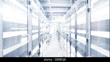 Illuminating central corridor aisle featuring LED server racks in data center, with data overlays Stock Photo