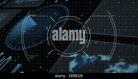 Displaying central HUD reticle rotating over virtual console with grid overlay and craft icons Stock Photo