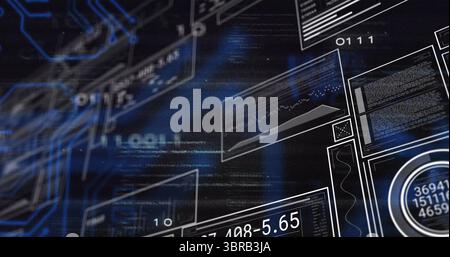 Displaying translucent window floating in virtual space, with line graph, readouts and glitches Stock Photo