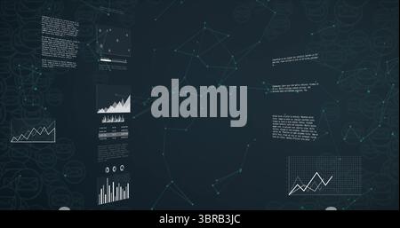 Displaying teal-colored network forming constellation on digital screen with data panels and charts Stock Photo