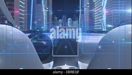 Displaying central holographic interface panel over console inside autonomous car, neon-lit skyline Stock Photo