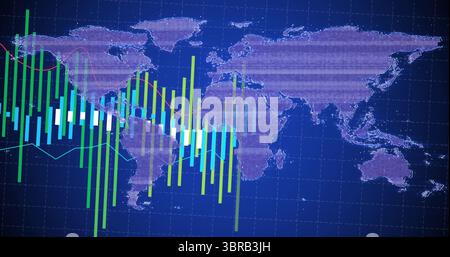 Presenting dashboard tracking world map over blue grid on screen, with candlesticks and line graphs Stock Photo