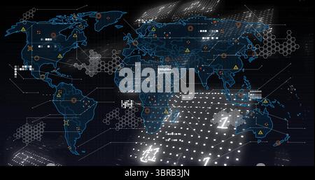 Displaying global network map with dot matrix on dashboard, showing hexagonal clusters and warnings Stock Photo