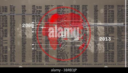 Displaying red world map in segmented red circle frame on infographic, with trade links 2009-2013 Stock Photo