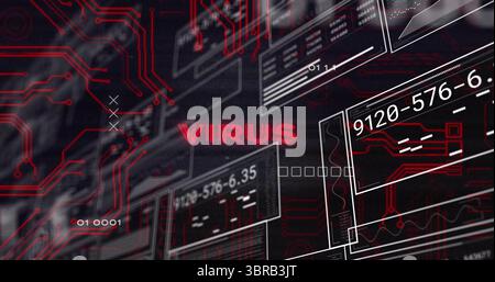 Pulsing red VIRUS text dominating digital interface, with red circuit tracings and data panels Stock Photo