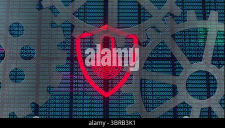 Displaying red shield icon with padlock fingerprint protecting code streams on digital interface Stock Photo