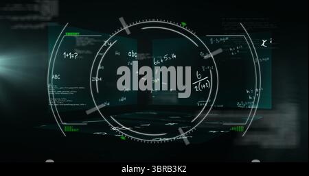 Displaying central circular HUD projecting transparent panels in virtual space, with math formulas Stock Photo