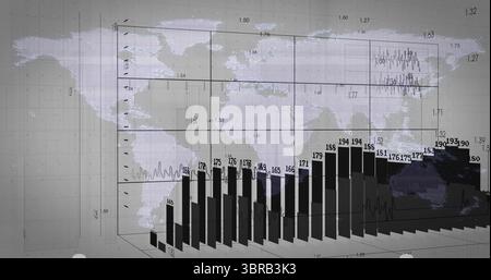 Displaying bar chart rising on 3D grid screen, showing world map overlay, trend line, markers Stock Photo