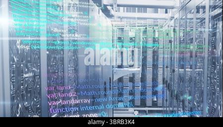 Displaying central server racks with network cables and blinking LEDs in data center, code overlay Stock Photo