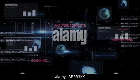 Displaying futuristic UI scanning code and data streams on grid backdrop with translucent panels Stock Photo