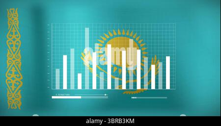 Displaying flag emblem with progress bar and bar chart on digital teal-blue field with gold stripe Stock Photo