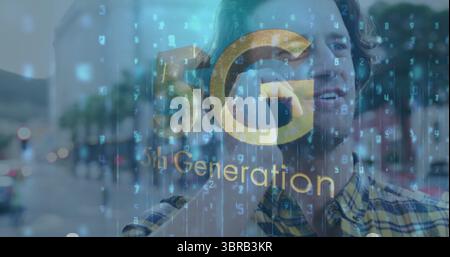 Talking bearded man holding smartphone to ear on urban street, 5G code overlay, copy space Stock Photo