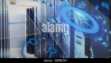 Glowing server racks projecting holographic network graphics at data center, with blue LED panels Stock Photo